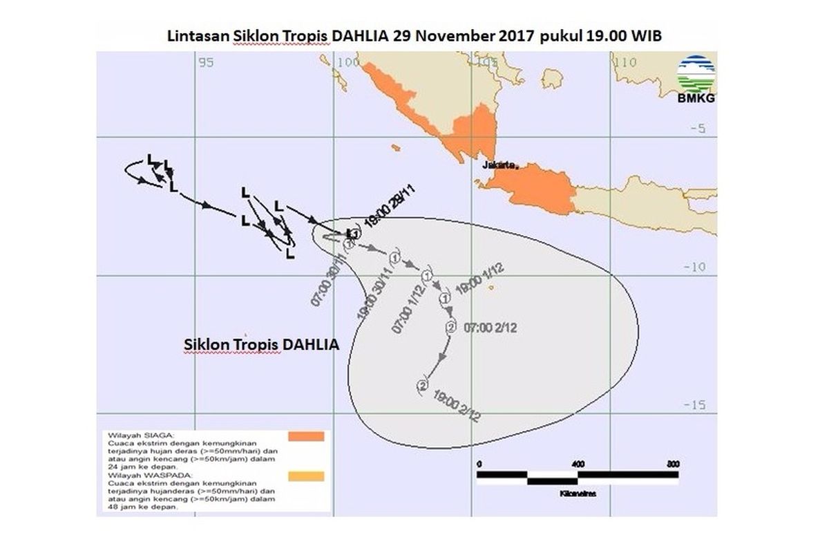 Lintasan siklon tropis Dahlia pada 29 Npvember 2017 pukul 19.00