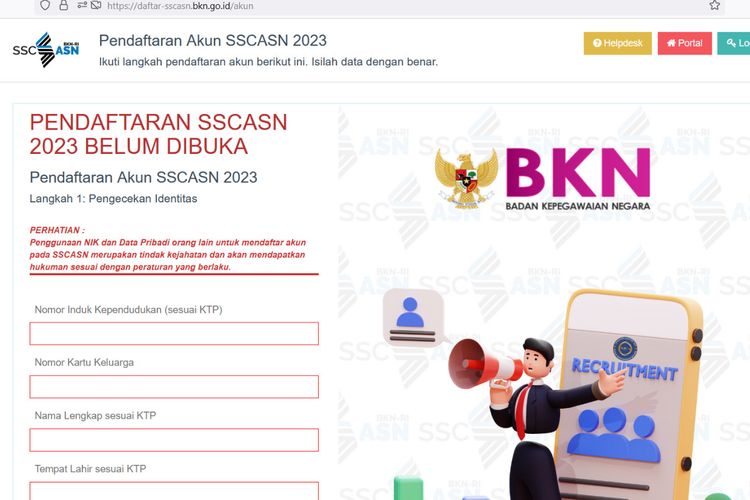 Portal SSCASN yang belum dibuka pada Rabu (20/9/2023).