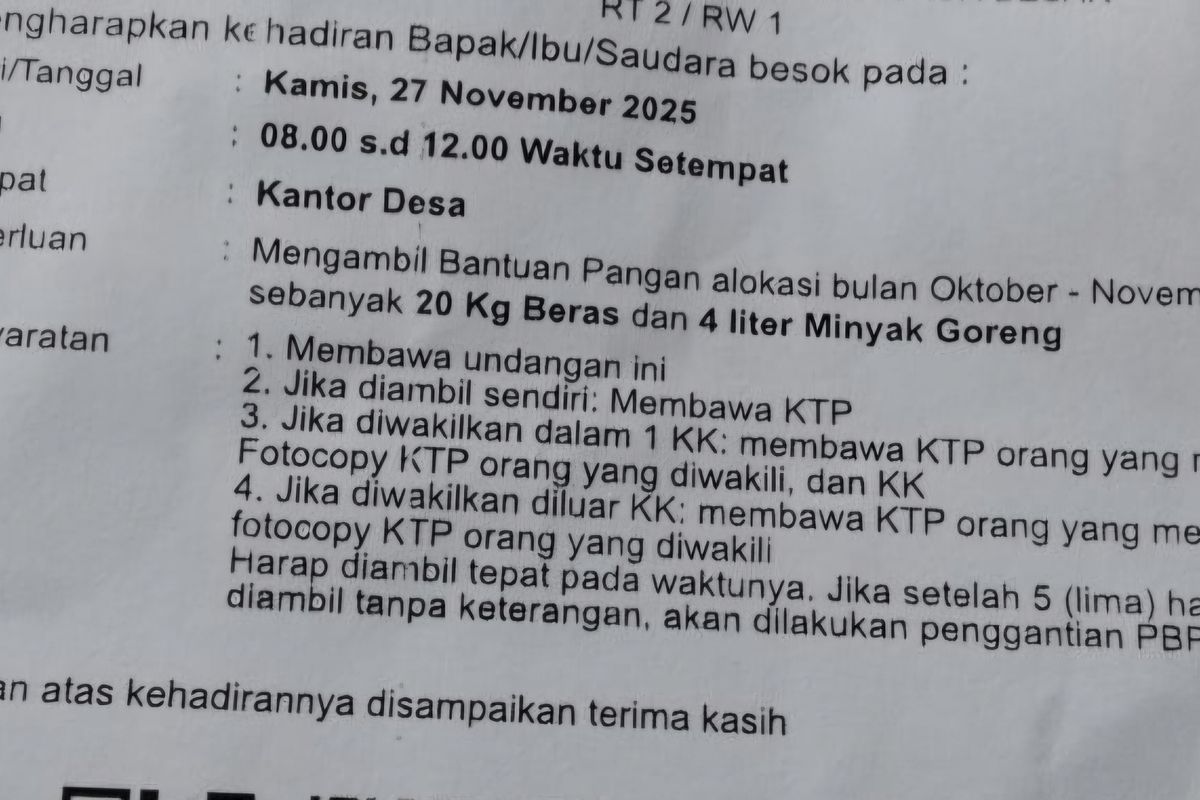 Isi surat undangan yang diterima oleh warga yang berhak menerima bantuan pangan. 