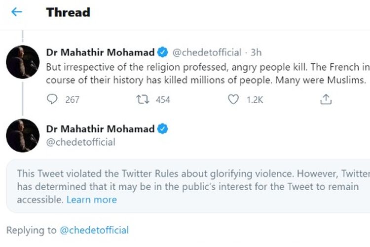 Tangkapan layar dari twit eks PM Malaysia Mahathir Mohamad, yang dilabeli Twitter karena mengagungkan kekerasan.