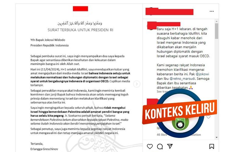 Tangkapan layar akun Instagram, narasi yang menyebut Indonesia akan menjalin hubungan diplomatik dengan Israel