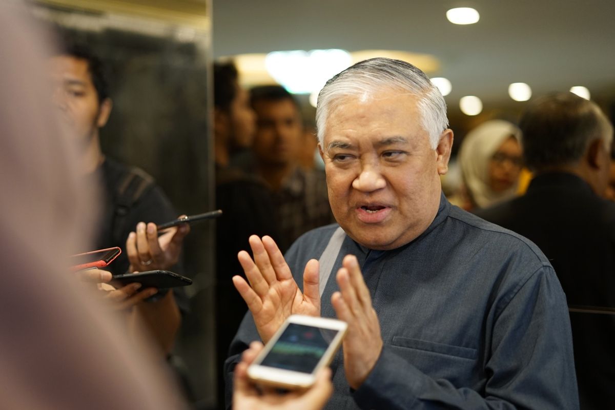 Mantan Ketua Umum Pimpinan Pusat Muhammadiyah, Din Syamsuddin seusai bertemu Ketua DPR Bambang Soesatyo, Selasa (14/5/2019).