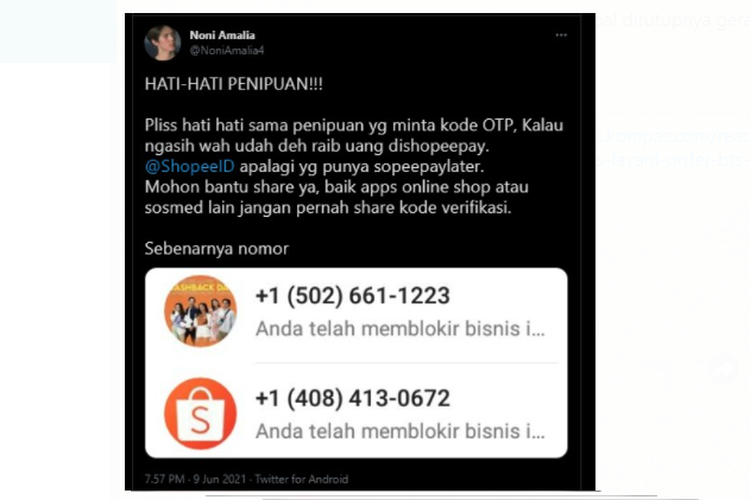 Tangkapan layar unggahan yang menyebut adanya modus penipuan mengatasnamakan Shopee dengan meminta nomor OTP pelanggan.