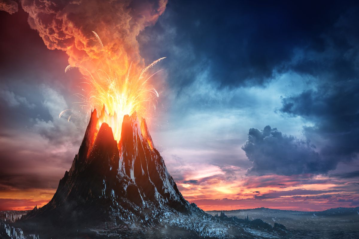 Ilustrasi gunung berapi meletus, gunung berapi super di Bumi.