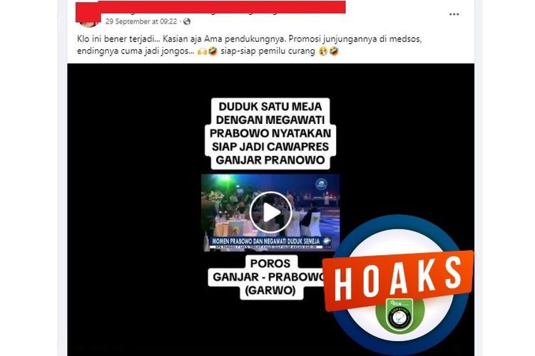 Tangkapan layar Facebook narasi yang menyebut Prabowo menyatakan siap menjadi cawapres Ganjar Pranowo