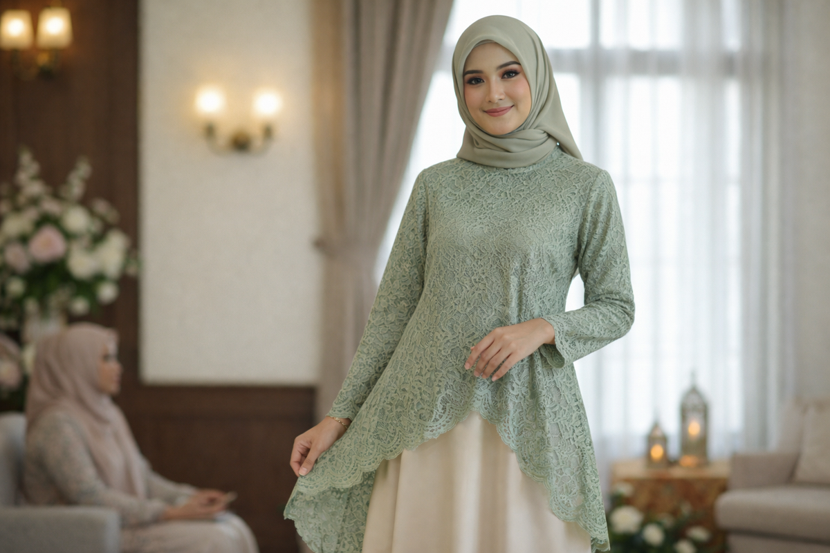 Gamis Satin Doff dengan Brokat Matte