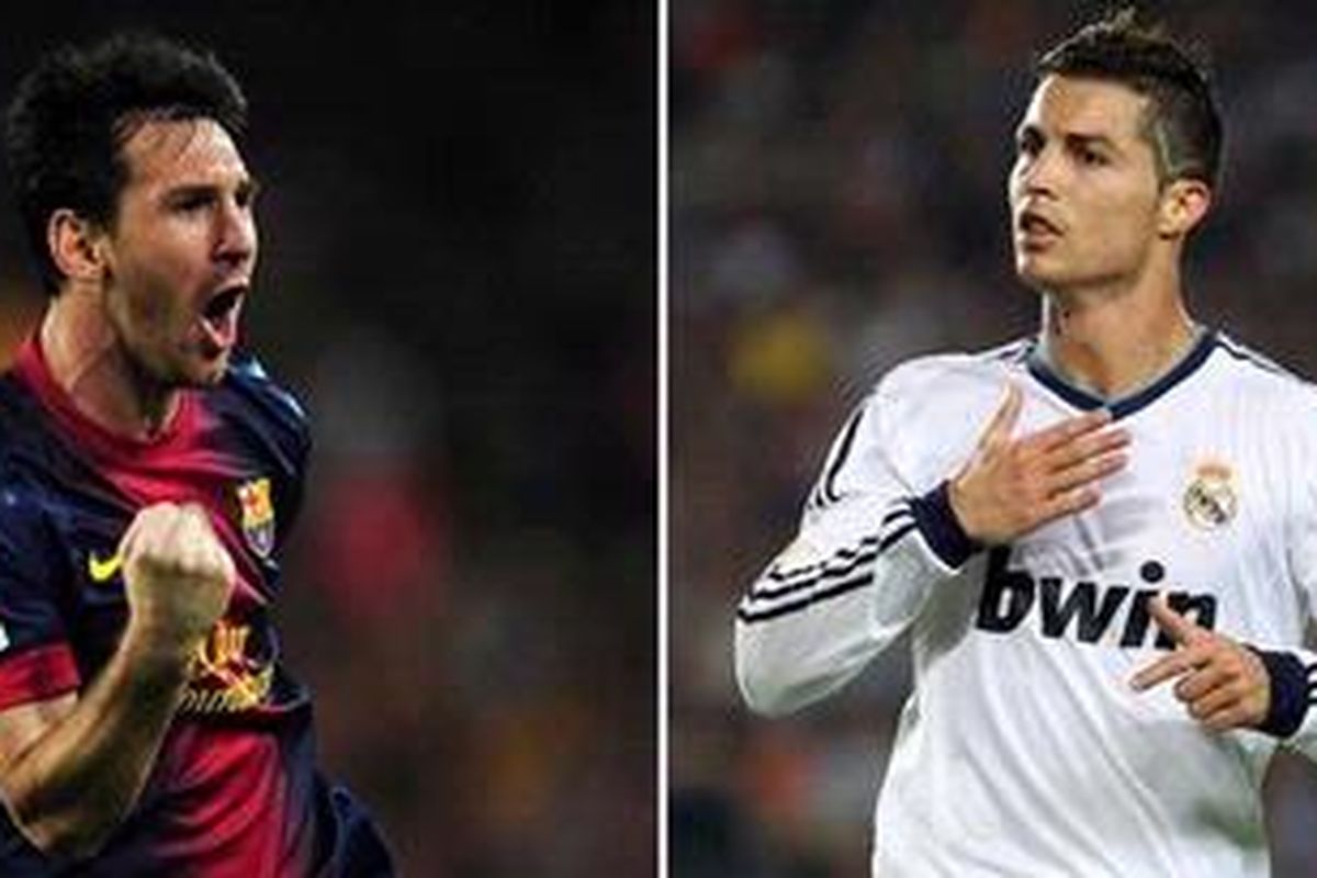 Bintang Barcelona, Lionel Messi (kiri), dan bintang Real Madrid, Cristiano Ronaldo.