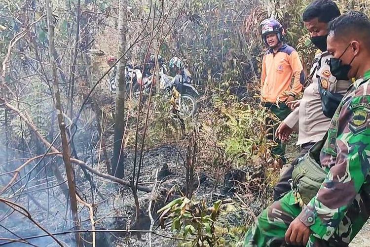 Petugas gabungan memadamkan api karhutla di Desa Suka Maju, Kecamatan Rambah, Kabupaten Rokan Hulu, Riau, Minggu (10/7/2022).
