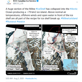 Tangkapan layar twit ECCC Canadian Ice Service menunjukkan dataran es di Arktik sebelum dan sesudah terbelah.