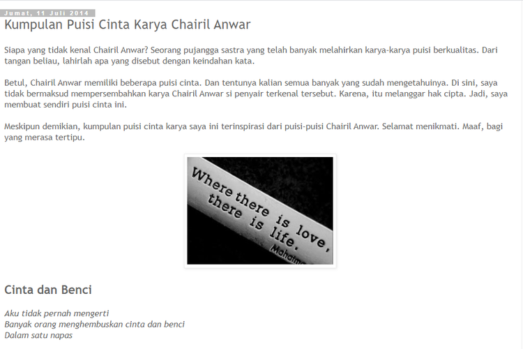 Tangkapan layar postingan blog berisi puisi Cinta dan Benci. Puisi tersebut dikatakan sebagai puisi karya Chairil Anwar dan disertakan dalam film tentang Chairil berjudul Binatang Jalang.