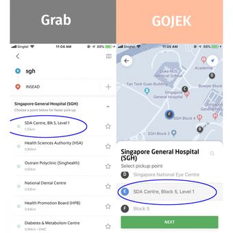 Salah satu titik penjemputan untuk klien khusus Grab yang muncul di aplikasi Go-Jek Singapura, berdasarkan tangkapan Mothership.sg.