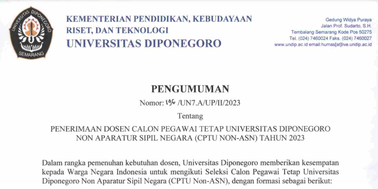 Universitas Diponegoro (Undip) membuka lowongan kerja untuk posisi dosen tetap non-ASN tahun 2023