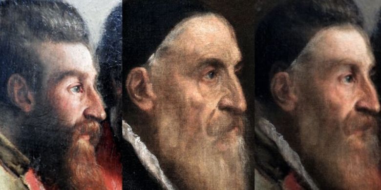 Sosok rasul dalam lukisan (kiri) dibandingkan dengan potret diri sang seniman (tengah) dan keduanya dilapisi untuk perbandingan (kanan).