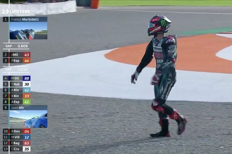 Penantang gelar Kejuaraan Dunia MotoGP 2020, Fabio Quartararo, harus mengakhiri balapan secara dini di MotoGP Valencia pada Minggu (15/11/2020).