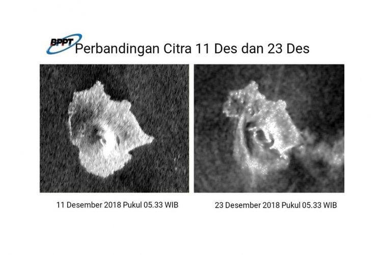 Perbandingan wajah Anak Krakatau dari udara pada 11 Desember dan 23 Desember 2018. 