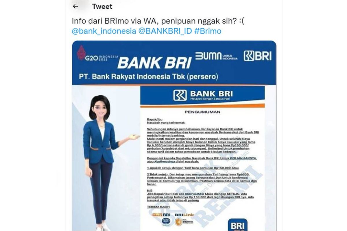 Tangkapan layar unggahan twitter tentang penipuan mengatasnamakan BRI