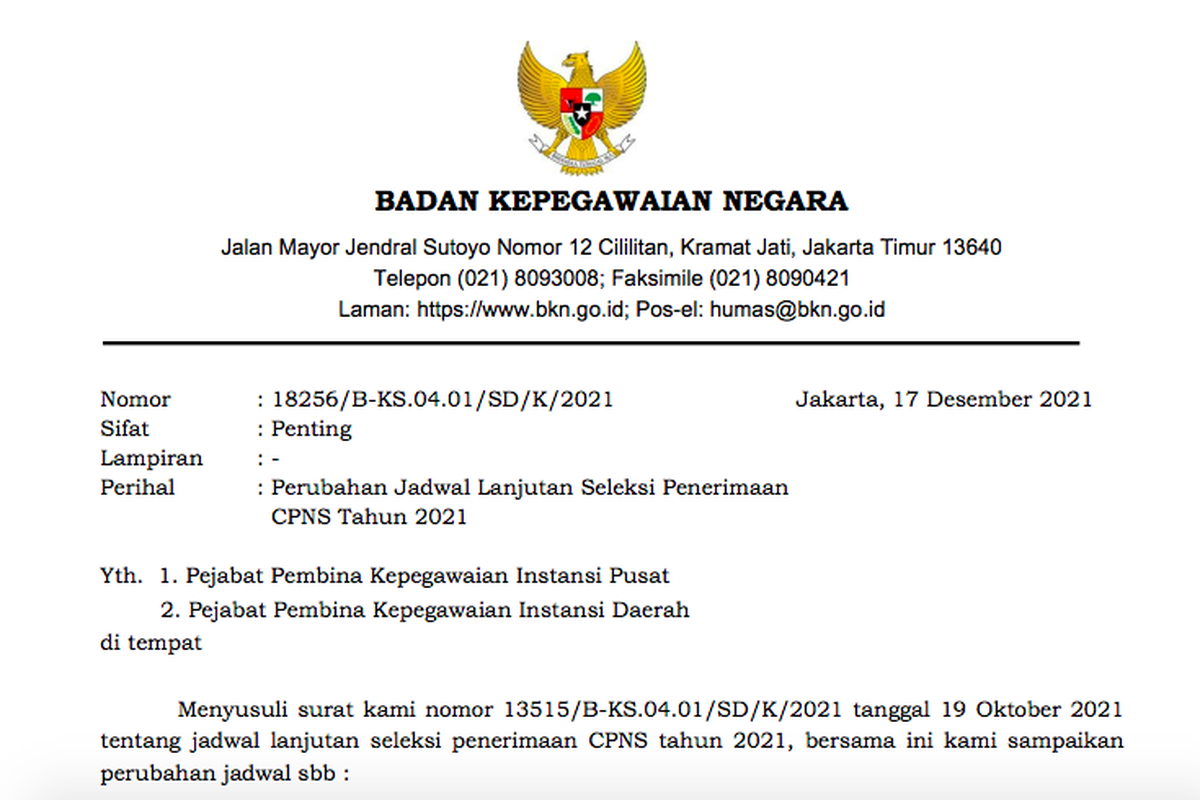 Tangkapan layar perubahan jadwal pelaksanaan CPNS 2021 terbaru