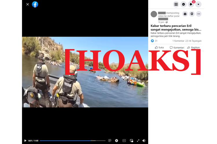 Tangkapan layar unggahan hoaks di sebuah akun Facebook, Senin (6/6/2022), soal video yang menyebut Eril terdeteksi masih hidup melalui sensor canggih Tim SAR Swiss.