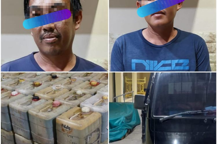 Dua sopir dan barang bukti BBM ilegal yang diamankan polisi di Selan, Bangka Tengah, Kepulauan Bangka Belitung, Sabtu (11/2/2023).