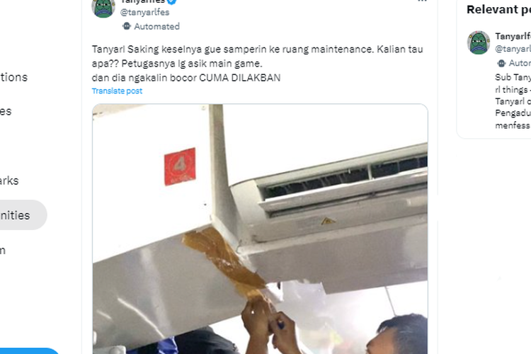 Tangkapan layar unggahan X yang memuat keluhan penumpang KA Airlangga yang bocor tapi hanya dilakban oleh petugas.