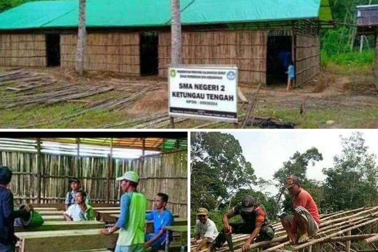 Bangunan SMA Negeri 2 Ketungau Tengah, Kabupaten Sintang, Kalimantan Barat berdinding bambu dan beratap terpal. Rencana pembangunan gedung permanen terkendala status lahan.