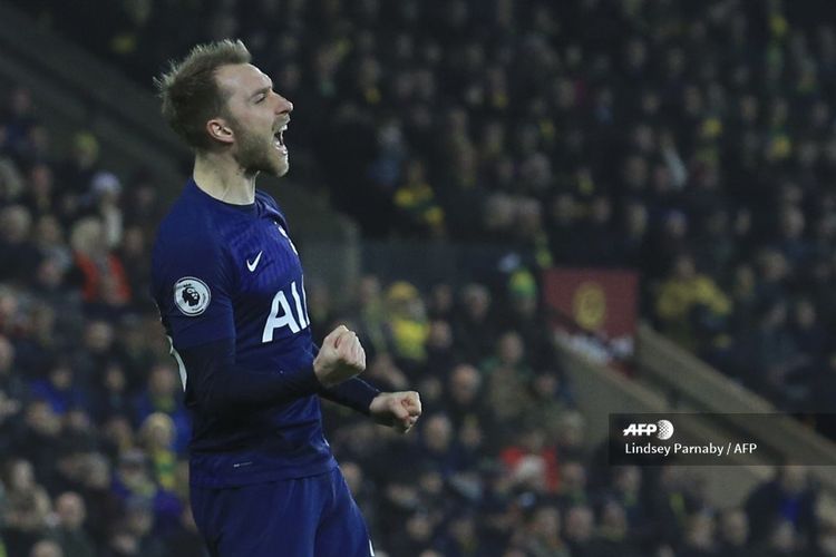 Gelandang Tottenham Hotspur, Christian Eriksen, merayakan gol ke gawang Norwich City pada laga lanjutan Liga Inggris, Sabtu (28/12/2019).