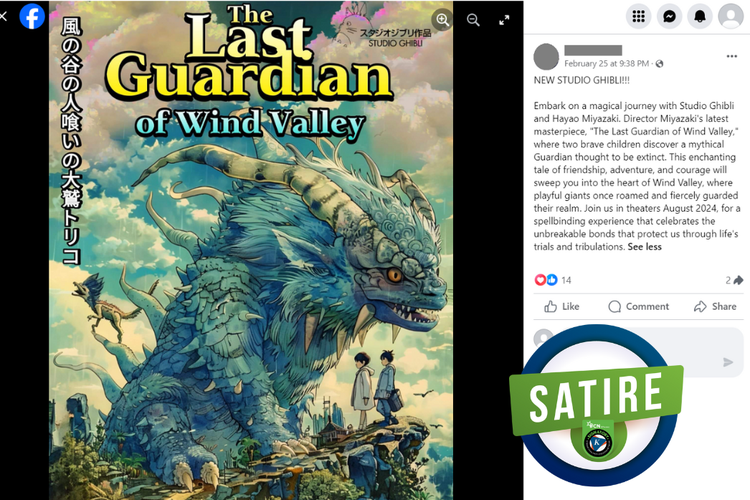 Tangkapan layar konten satire di sebuah akun Facebook, Minggu (25/2/2024), soal poster film Studio Ghibli dengan judul The Last Guardian of Wind Valley.
