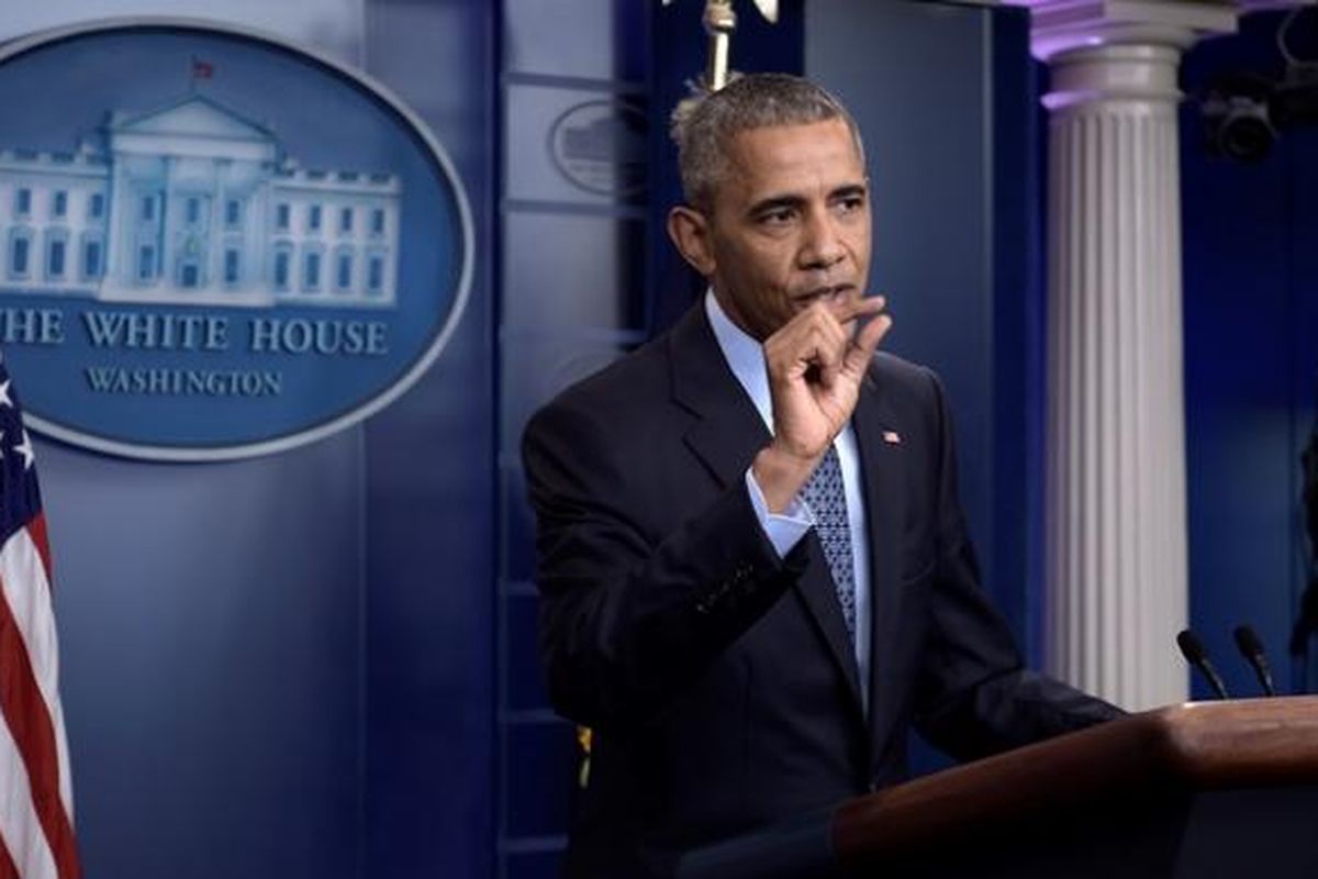 Presiden AS Barack Obama dalam jumpa pers terakhirnya di Gedung Putih, Washington DC.
