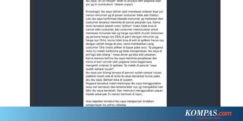 Viral Driver Ojol Perempuan Dilempar Susu Kemasan oleh Pegawai Kedai Kopi - Kompas.com - KOMPAS.com