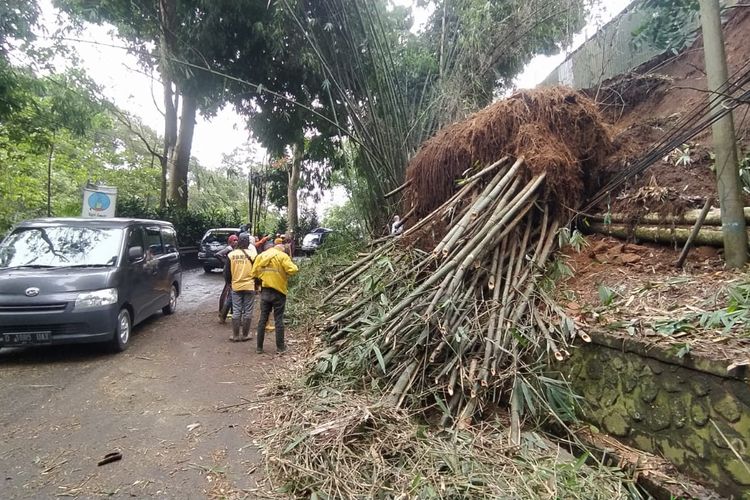 Tebing dengan bongkahan bambu di Jalan Raya Kolonel Masturi (Kolmas), Kabupaten Bandung Barat (KBB), Jawa Barat mengalami longsor dan menutup akses jalan, Selasa (28/2/2023).