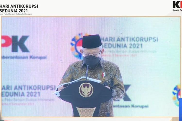 Wakil Presiden (Wapres) RI, Ma'ruf Amin dalam acara Hari Antikorupsi Sedunia 2021 di Gedung Merah Putih KPK, Jakarta, Kamis (9/12/2021).