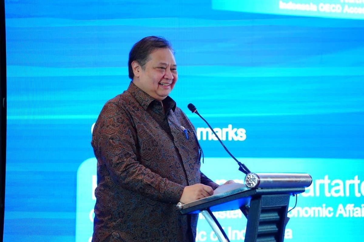 Menko Perekonomian Airlangga Hartarto dalam acara National Seminar on Indonesia OECD&nbsp;Accession and Private Sector Implications di Jakarta, Selasa (21/4/2026).