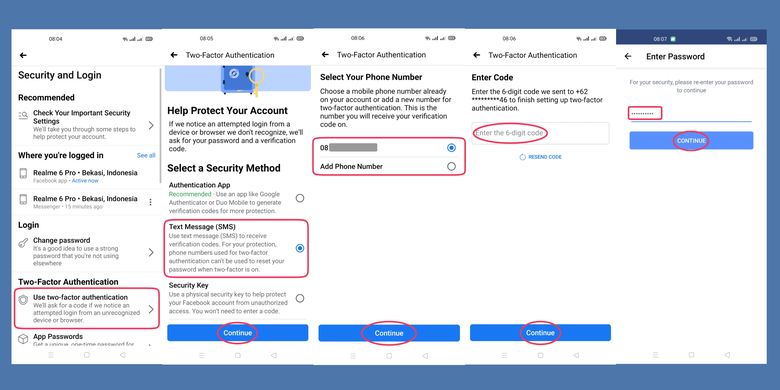 Langkah-langkah mengaktifkan fitur otentikasi dua faktor (TFA) pada akun Facebook.