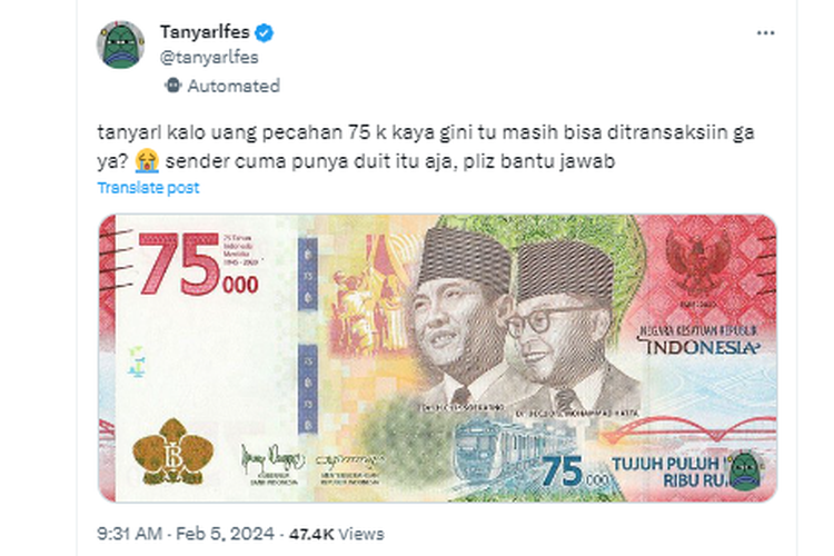 Tangkapan layar yang memuat uang pecahan Rp 75.000, masih bisakah digunakan untuk bertransaksi?