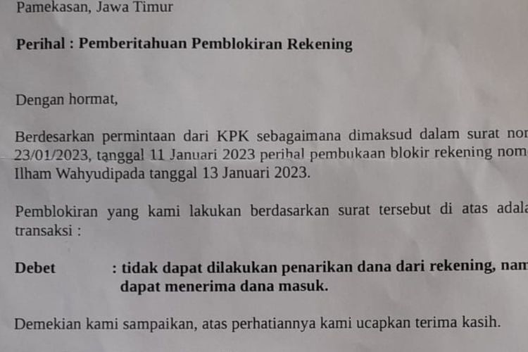 Surat pemblokiran yang diterima oleh penjual burung di Pamekasan. Pemblokiran disebut atas permintaan KPK.