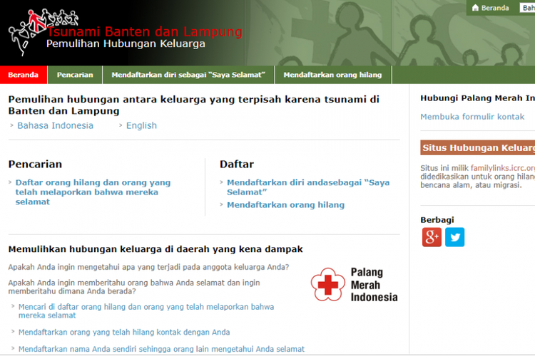Palang Merah Indonesia (PMI) membuat situs khusus untuk pencarian anggota keluarga yang hilang pasca bencana tsunami terjadi di Banten dan Lampung, Sabtu (22/12/2018) malam.