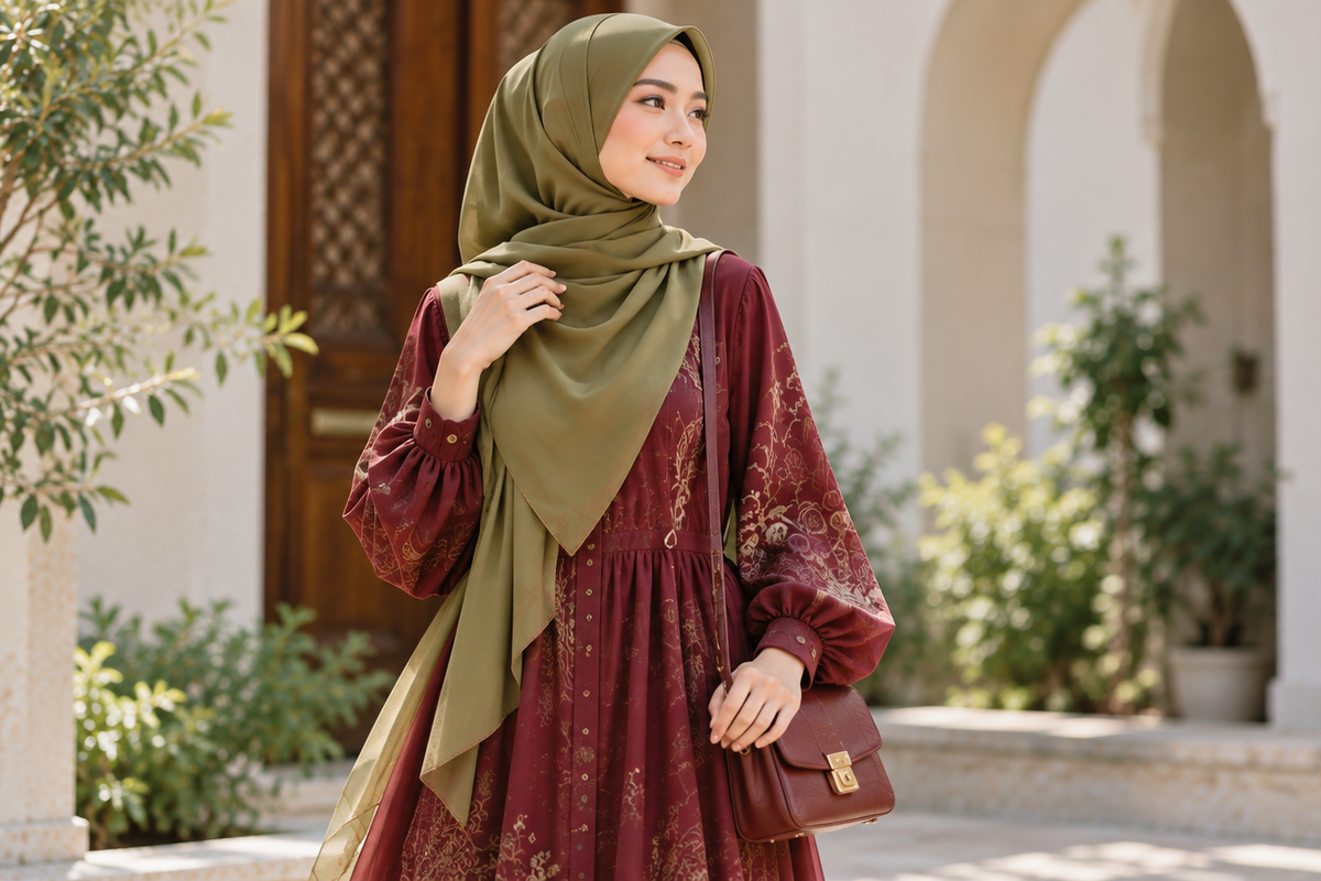 Ilustrasi perpaduan warna olive green dan burgundy