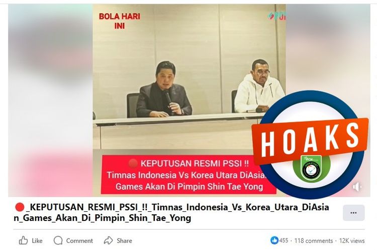 Tangkapan layar Facebook narasi yang menyebut PSSI memutuskan untuk mengganti Indra Sjafri dengan Shin Tae-yong di ajang Asian Games menghadapi Korea Utara