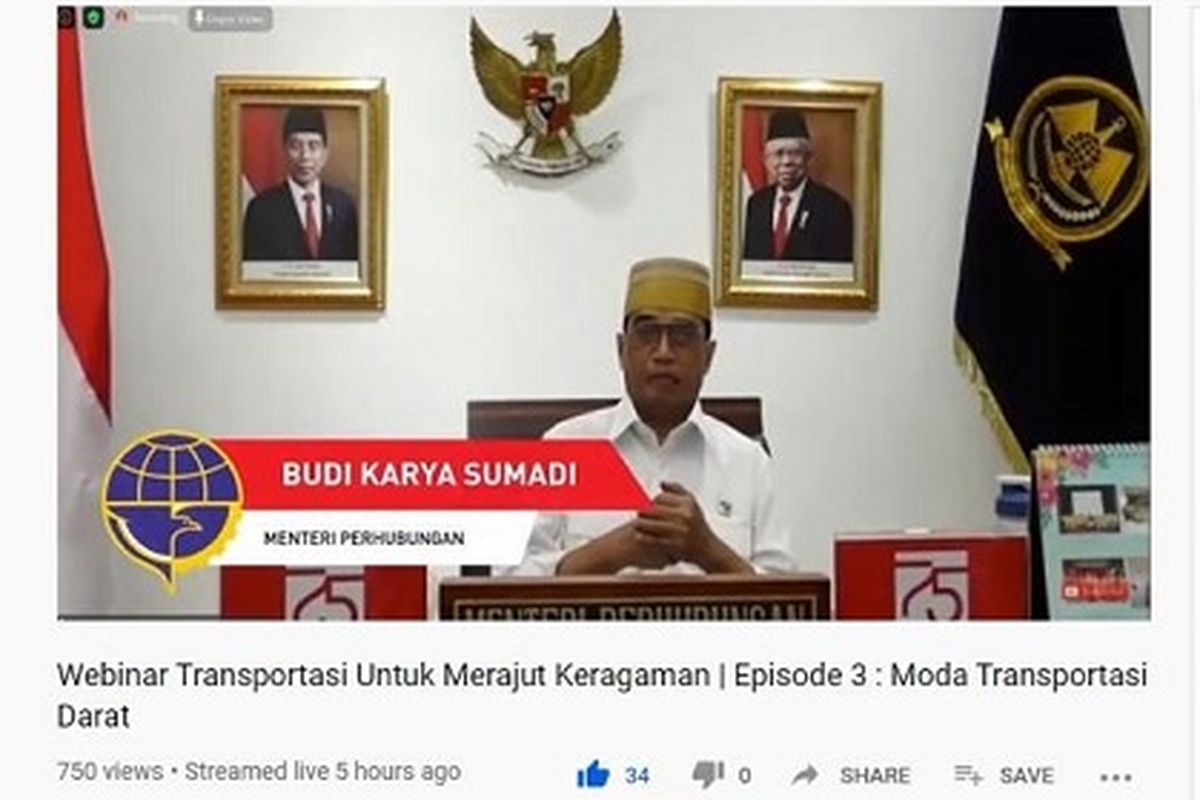 Menhub Budi Karya Sumadi, saat menjadi pembicara kunci dalam Webinar Transportasi untuk Merajut Keberagaman Episode 3: Moda Transportasi Darat, Rabu (19/8/2020). 