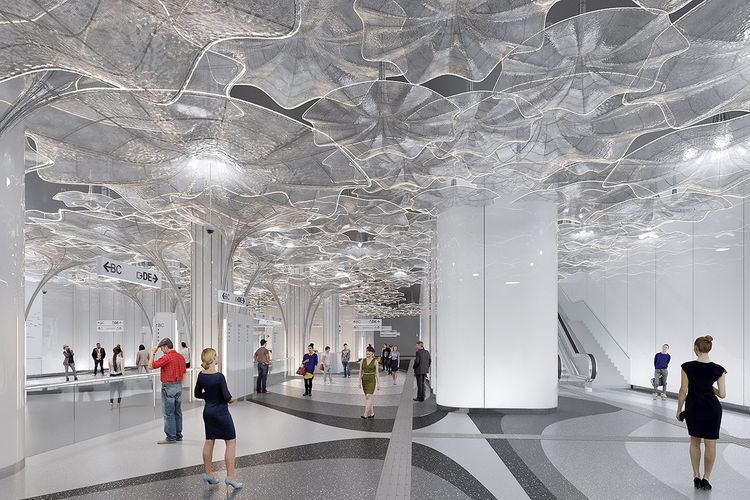 Konsep desain interior Stasiun MRT Zhengzhou jalur-7, China dan dirancang oleh Mask Architech bekerja sama dengan Jiang & Associates Design (J&A) 