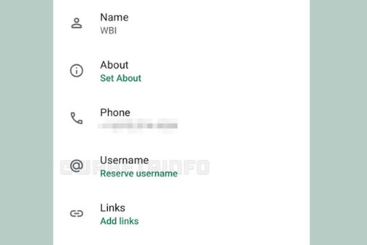 Tangkapan layar tampilan fitur pemesanan handle username pengguna di aplikasi WhatsApp yang ditemukan oleh situs WABetaInfo. Fitur ini diketahui memungkinkan pengguna memesan handle nama akun mereka layaknya platform media sosial lain. 