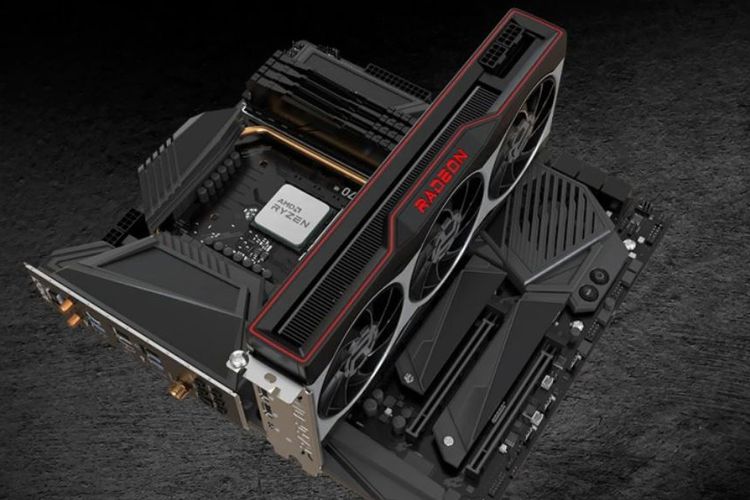 Ilustrasi GPU AMD Radeon RX 6700 XT terpasang di motherboard.