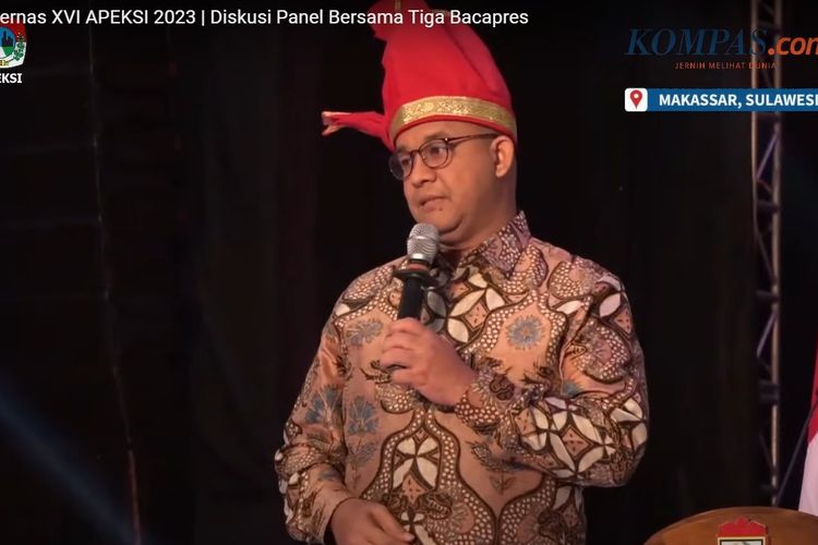 Anies Baswedan dalam Rapat Kerja Nasional (Rakernas) XVI Asosiasi Pemerintah Kota Seluruh Indonesia (APEKSI) 2023 di Makassar, Sulawesi Selatan, Kamis (13/7/2023).