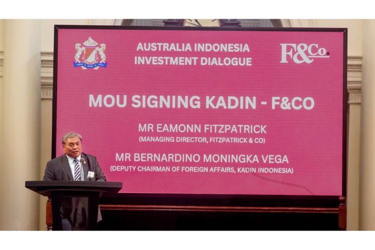 Wakil Ketua Umum Bidang Hubungan Luar Negeri Kadin Indonesia Bernardino Moningka Vega menyampaikan sambutan pada 14th World Chamber Congress di Melbourne, Australia, Selasa (2/9/2025).