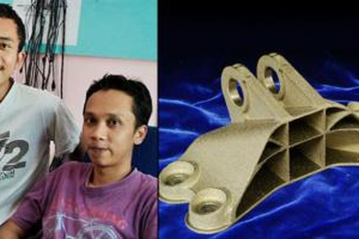 M Arie Kurniawan (kiri) dan Arfi'an Fuadi, pendiri DTECH ENGINEERING, Salatiga. Foto kanan adalah desain jet engine bracket rancangan mereka yang menjadi juara dalam kompetisi desain yang diadakan oleh General Electric dan GrabCAD.