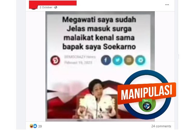 Tangkapan layar Facebook narasi yang mengeklaim Megawati mengatakan bahwa dirinya sudah pasti masuk surga karena malaikat kenal Soekarno