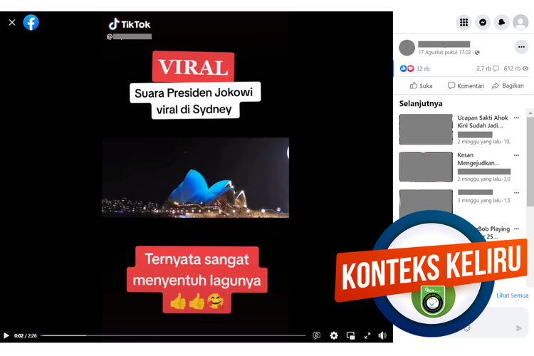 Tangkapan layar unggahan dengan konten manipulasi di sebuah akun Facebook, Kamis (17/8/2023), soal suara Jokowi menyanyikan lagu Di Saat Kau Harus Memilih di Sydney. 