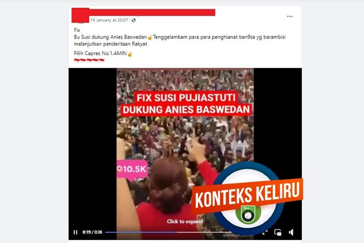 Tangkapan layar Facebook video yang diklaim menampilkan Susi Pudjiastuti berorasi mendukung Anies 