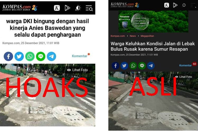 Tangkapan layar unggahan Facebook hoaks dan laman asli Kompas.com