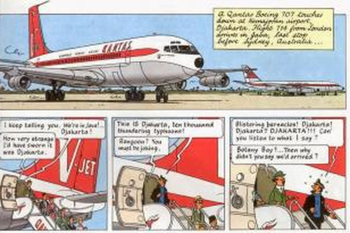 Cuplikan cerita Tintin mendarat di Bandara Kemajoran dalam komik berjudul Flight 714.